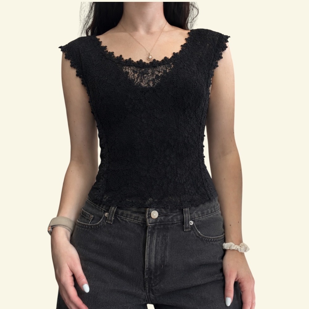 Vintage Y2K Express Black Crochet Lace Tank Top Blouse M Whimsigoth Coquette